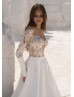 Long Sleeves Beaded Ivory Lace Satin Fashion Wedding Dress